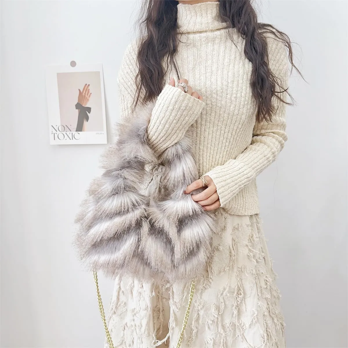 Pathwork Faux Fur Hobo Tote Shoulder Bag for Women Handbag Purse Trendy Furry Crossbody Bag