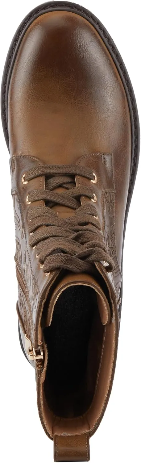 PATRIZIA Women's BLOOMINESCENT Combat-Style Booties with Floral Embossing, Gold Eyelets, and Zipper Closure