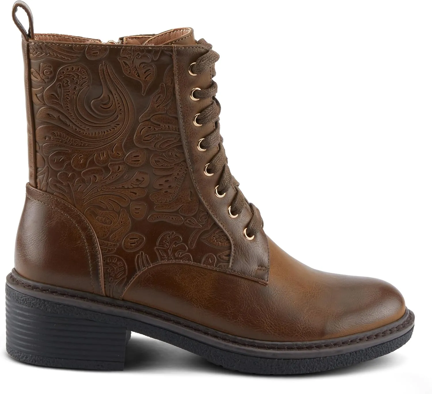 PATRIZIA Women's BLOOMINESCENT Combat-Style Booties with Floral Embossing, Gold Eyelets, and Zipper Closure