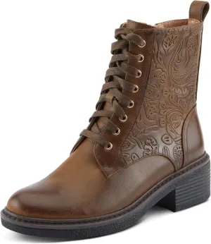 PATRIZIA Women's BLOOMINESCENT Combat-Style Booties with Floral Embossing, Gold Eyelets, and Zipper Closure