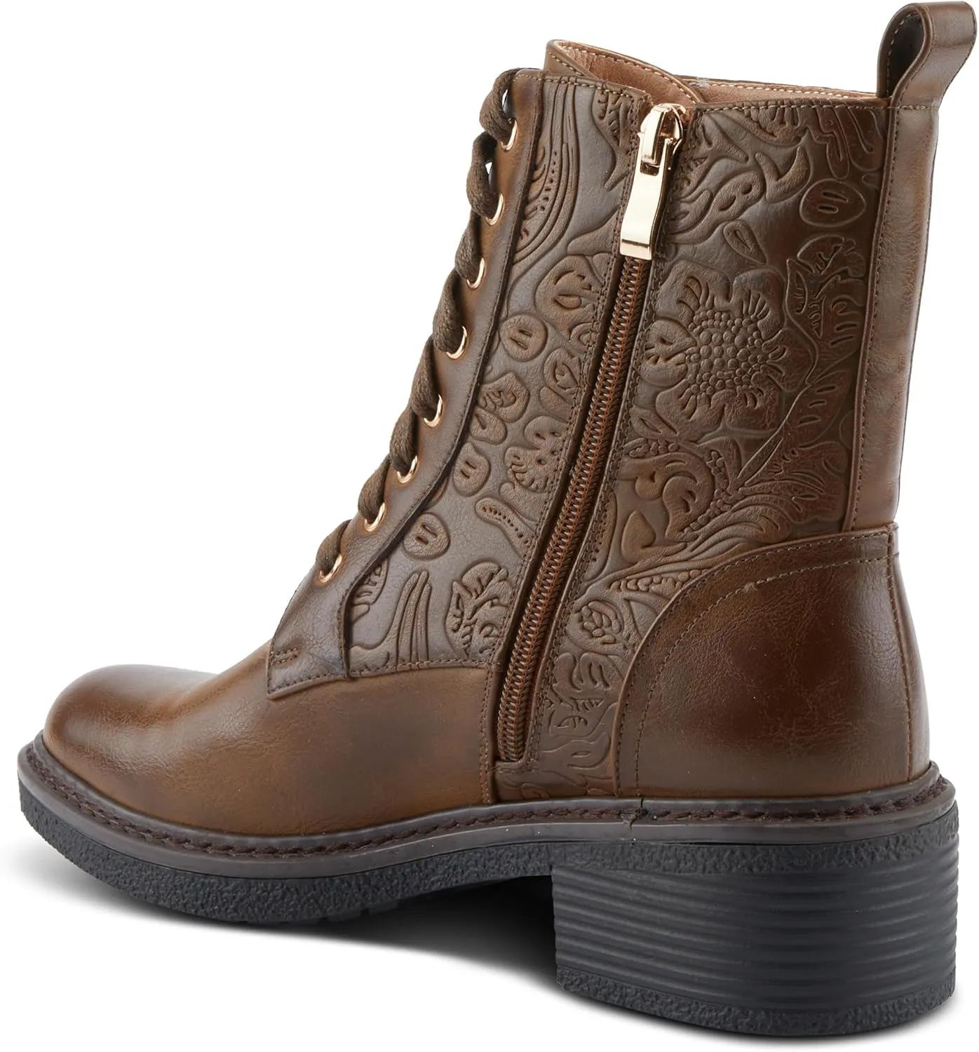 PATRIZIA Women's BLOOMINESCENT Combat-Style Booties with Floral Embossing, Gold Eyelets, and Zipper Closure