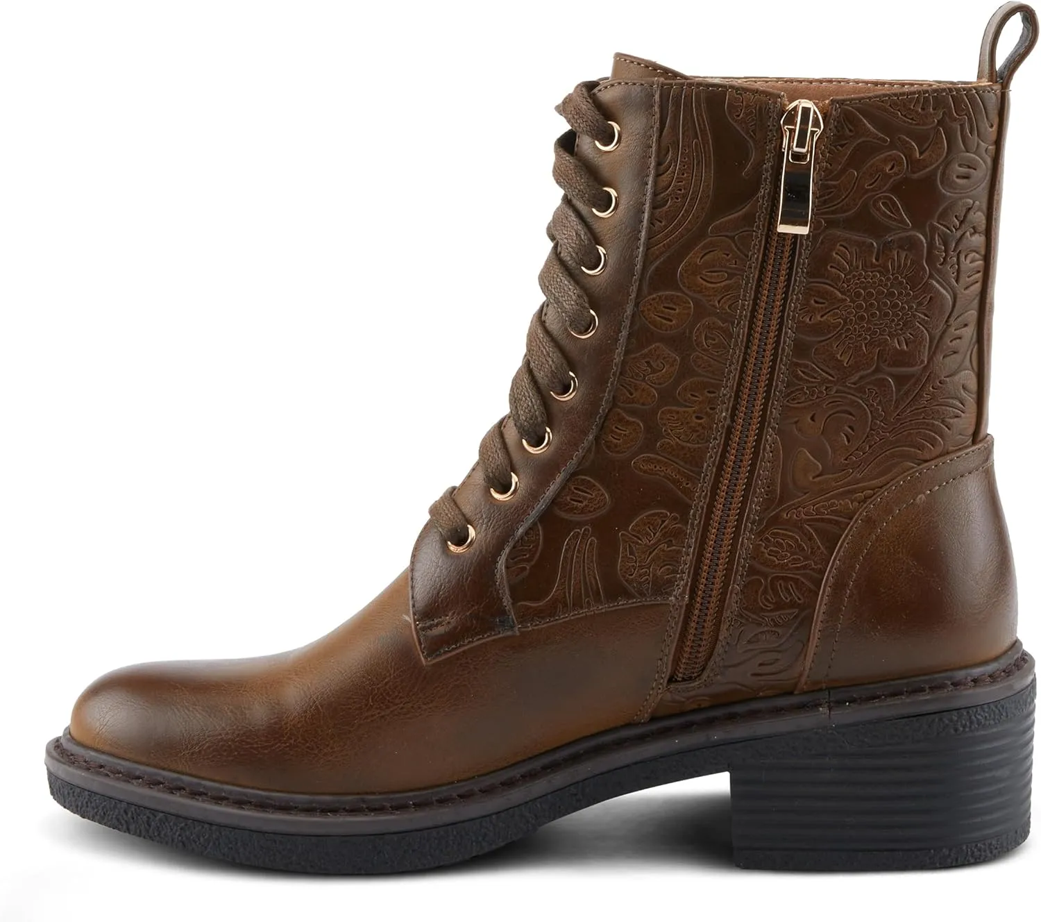 PATRIZIA Women's BLOOMINESCENT Combat-Style Booties with Floral Embossing, Gold Eyelets, and Zipper Closure