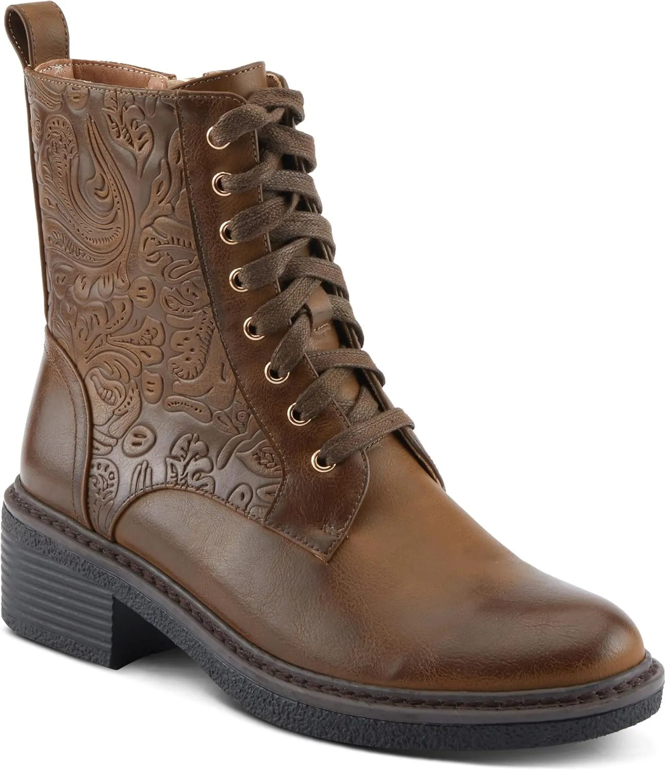 PATRIZIA Women's BLOOMINESCENT Combat-Style Booties with Floral Embossing, Gold Eyelets, and Zipper Closure