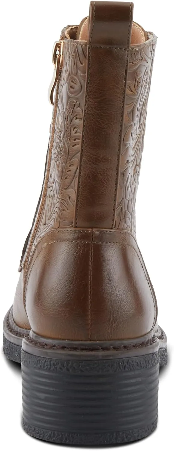 PATRIZIA Women's BLOOMINESCENT Combat-Style Booties with Floral Embossing, Gold Eyelets, and Zipper Closure