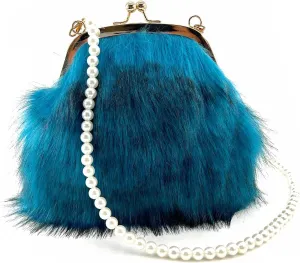 Pearl Chain StrapFaux Fur Evening Handbags Fuzzy Satchel Style Purse Fashion Clutch Handbag Shoulder Vintage Bags for Women