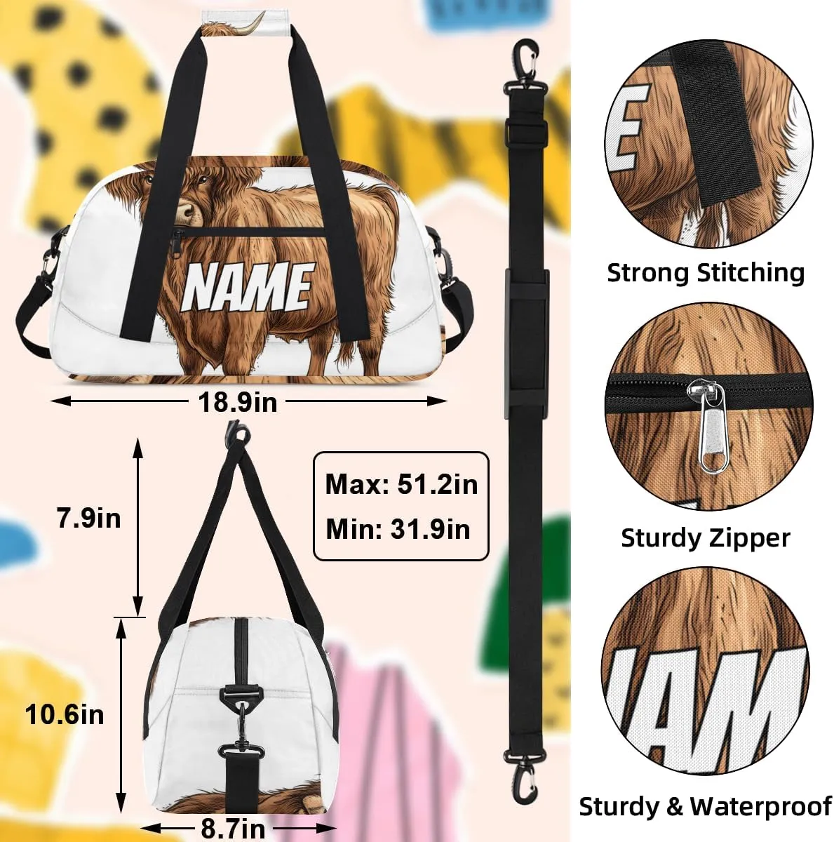 Personalized Custom Gym Bag for Women Men Carry on Highland Cow Travel Duffel Tote Rustic Bull Overnight Workout Weekender Bag