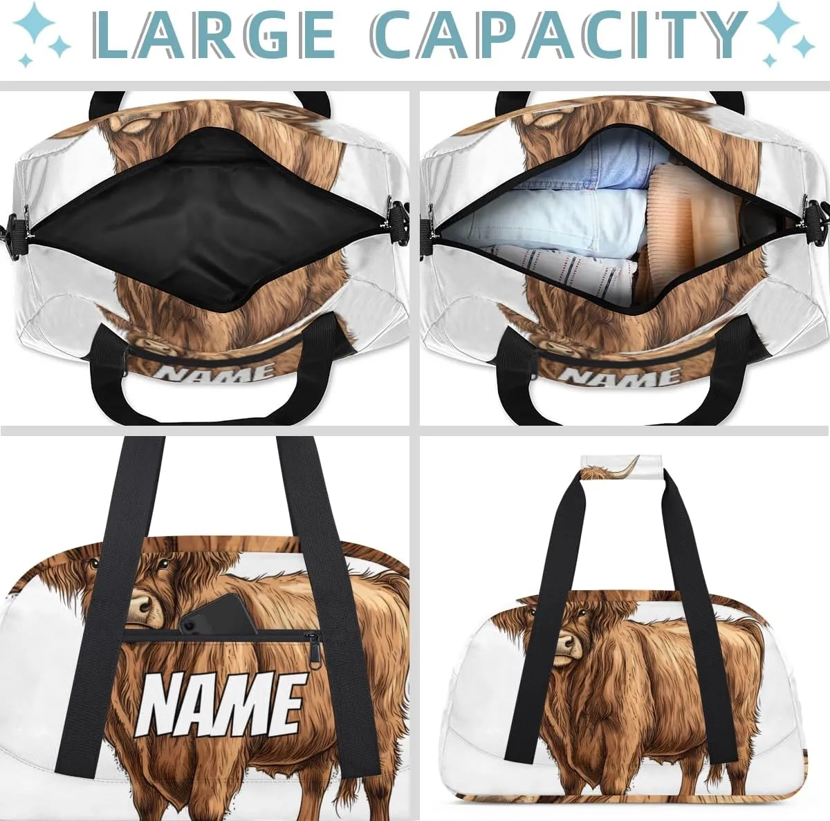 Personalized Custom Gym Bag for Women Men Carry on Highland Cow Travel Duffel Tote Rustic Bull Overnight Workout Weekender Bag