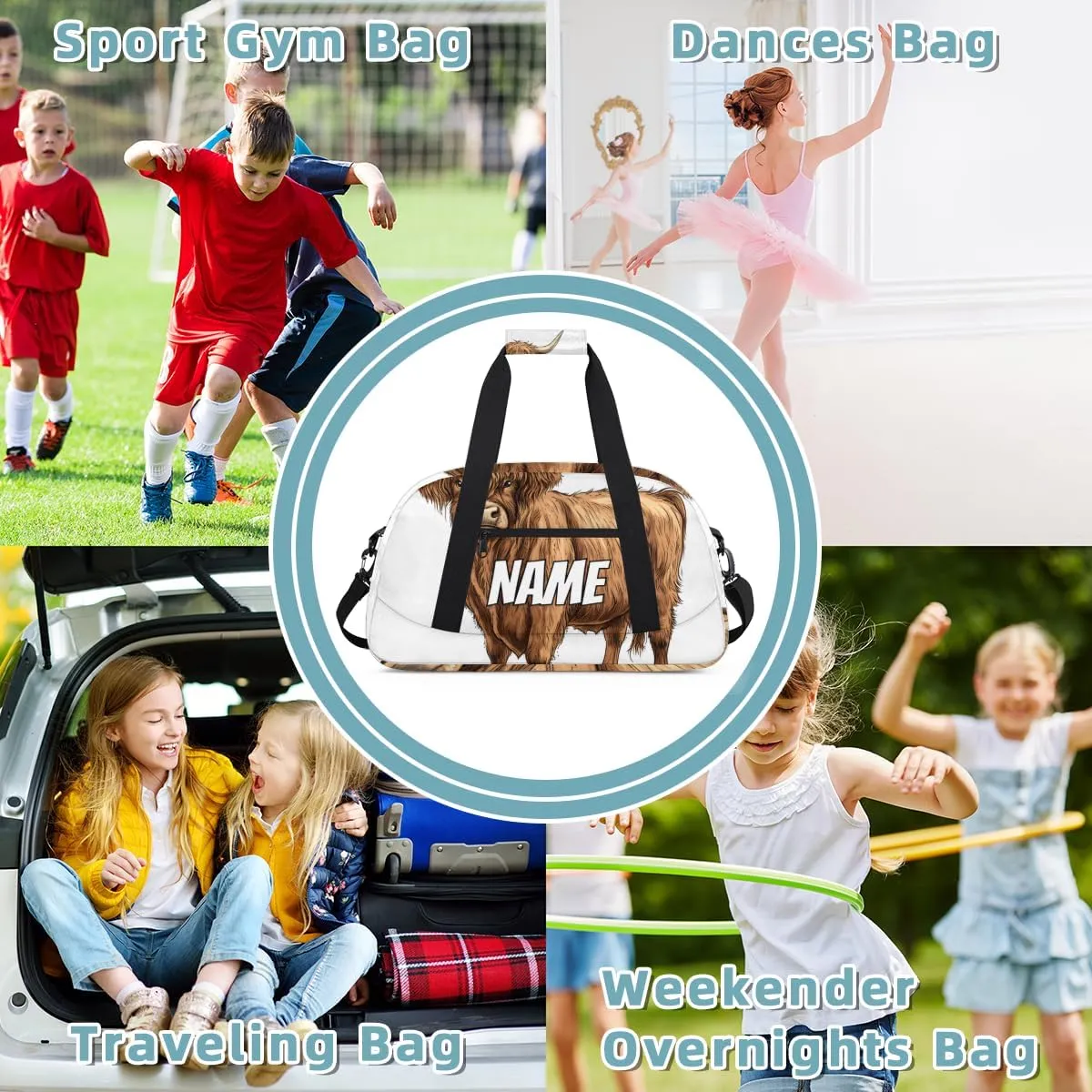 Personalized Custom Gym Bag for Women Men Carry on Highland Cow Travel Duffel Tote Rustic Bull Overnight Workout Weekender Bag