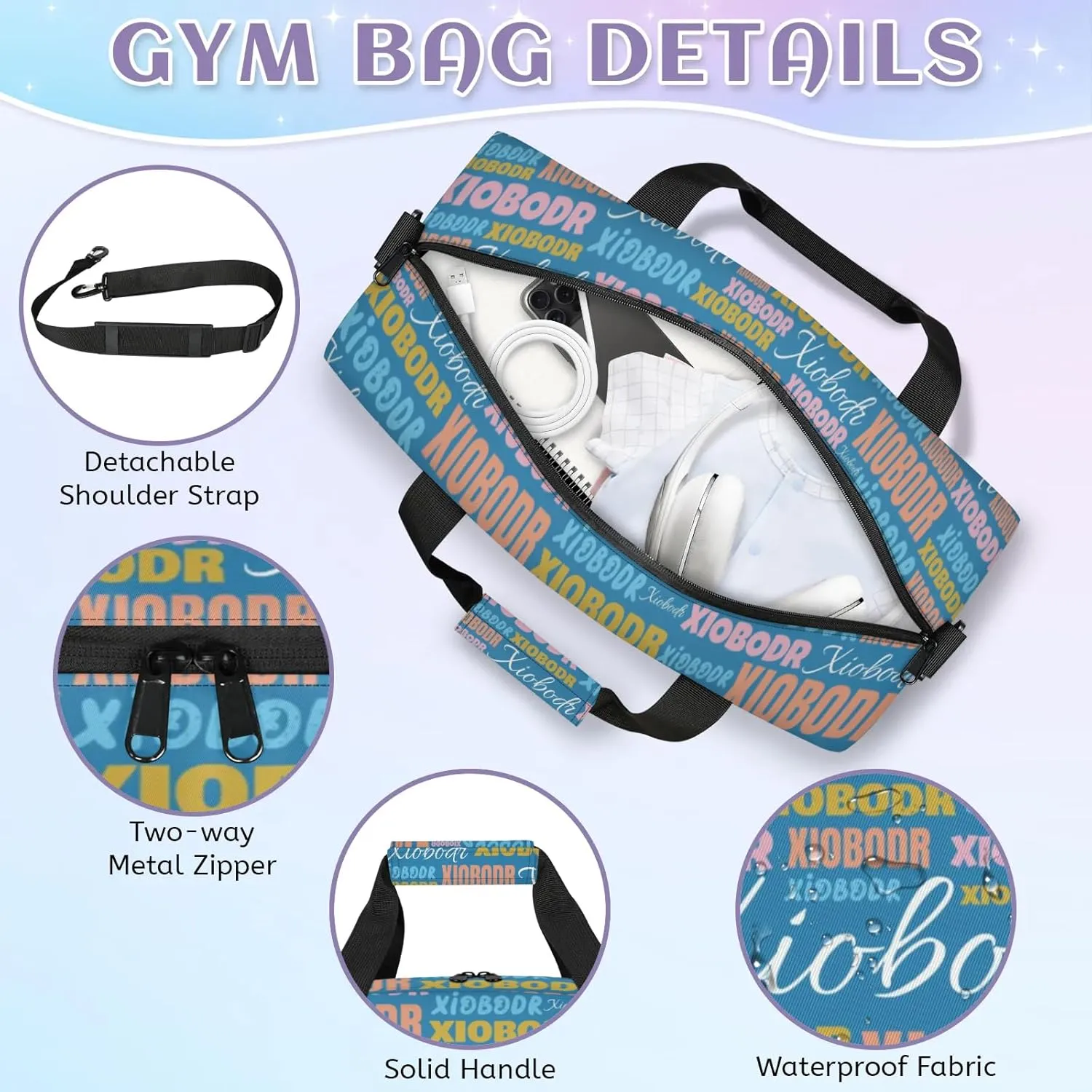 Personalized Cute Duffle Bag - Custom Name Kids Sports Bag, Sleepover Bags for Girls, Lightweight Toddler Boys Overnight Bag for Weekender Travel Cheer Dance Ball Game, Blue Orange