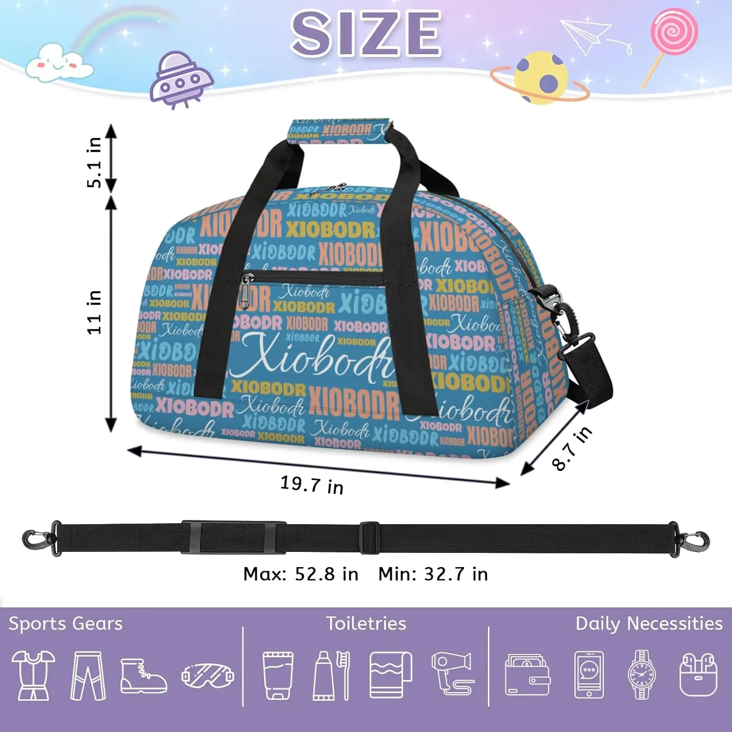 Personalized Cute Duffle Bag - Custom Name Kids Sports Bag, Sleepover Bags for Girls, Lightweight Toddler Boys Overnight Bag for Weekender Travel Cheer Dance Ball Game, Blue Orange