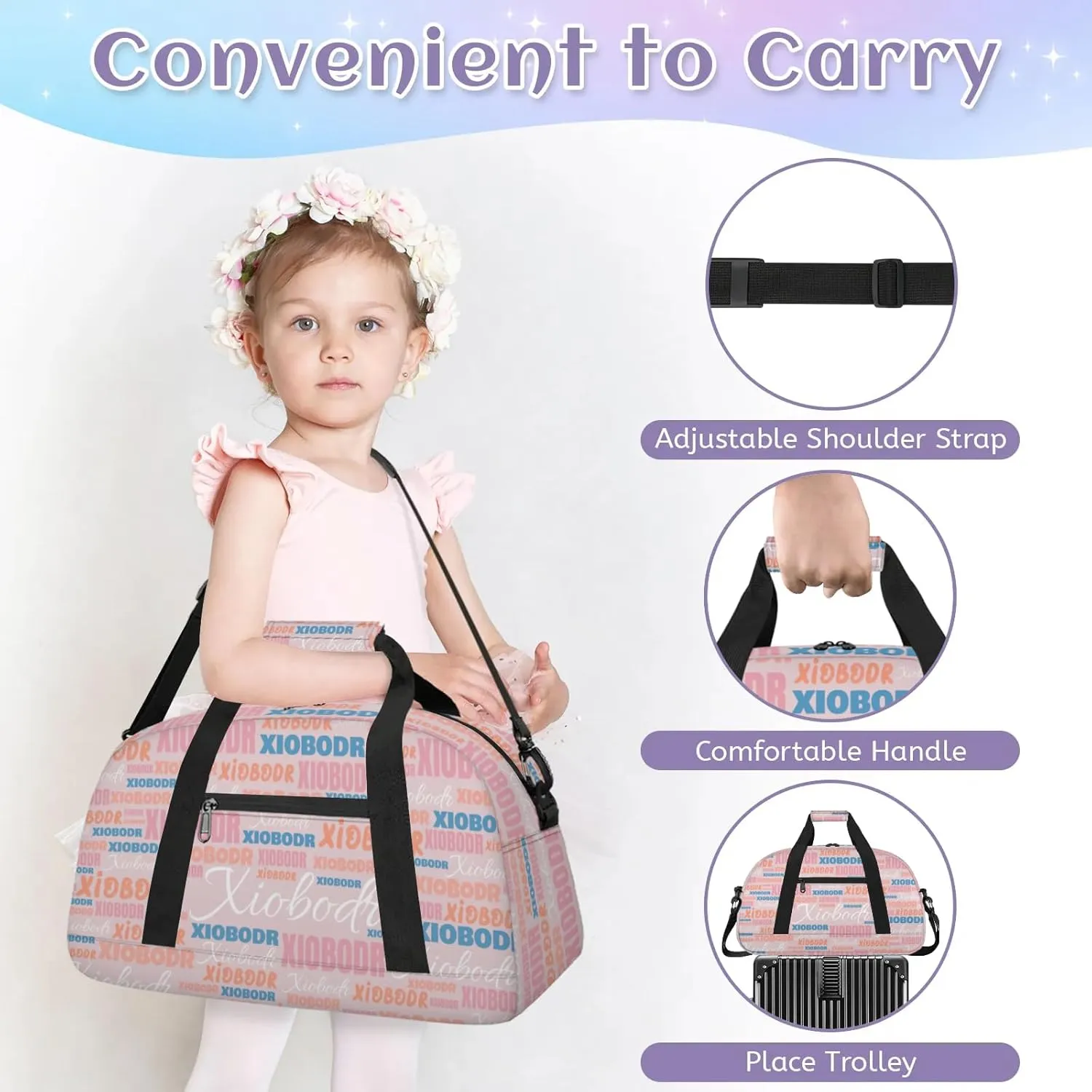 Personalized Cute Duffle Bag - Custom Name Kids Sports Bag, Sleepover Bags for Girls, Lightweight Toddler Boys Overnight Bag for Weekender Travel Cheer Dance Ball Game, Pink Blue Text