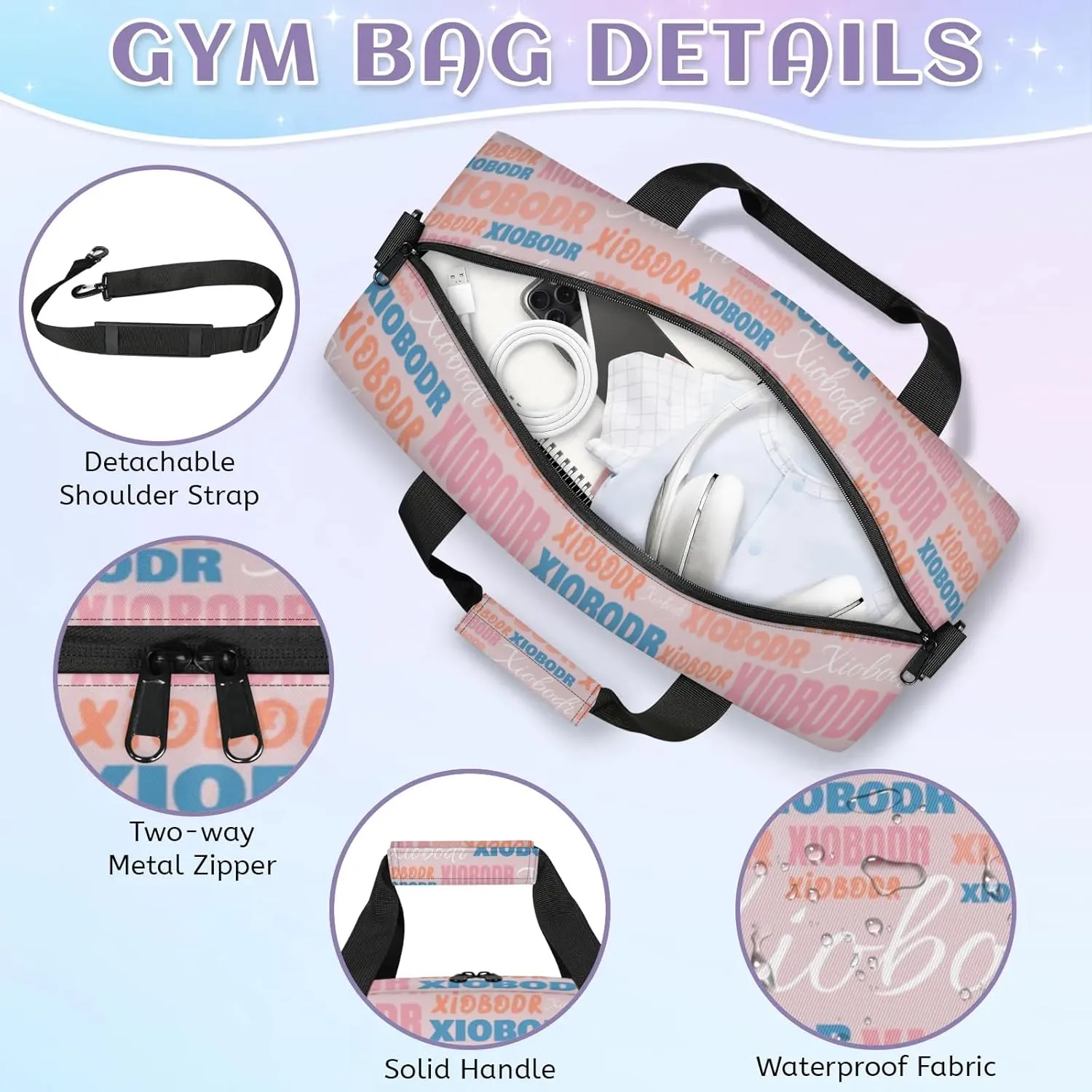 Personalized Cute Duffle Bag - Custom Name Kids Sports Bag, Sleepover Bags for Girls, Lightweight Toddler Boys Overnight Bag for Weekender Travel Cheer Dance Ball Game, Pink Blue Text