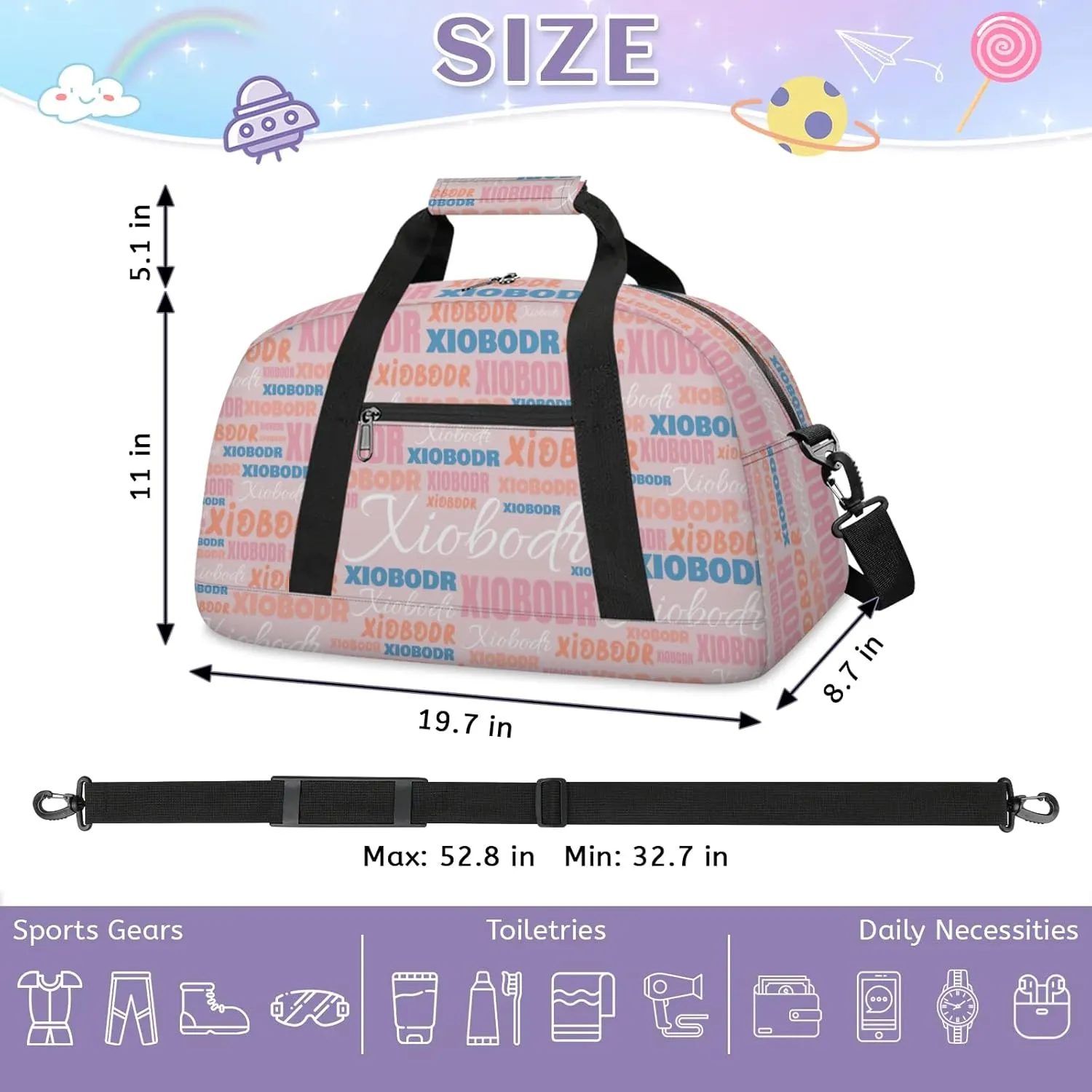 Personalized Cute Duffle Bag - Custom Name Kids Sports Bag, Sleepover Bags for Girls, Lightweight Toddler Boys Overnight Bag for Weekender Travel Cheer Dance Ball Game, Pink Blue Text