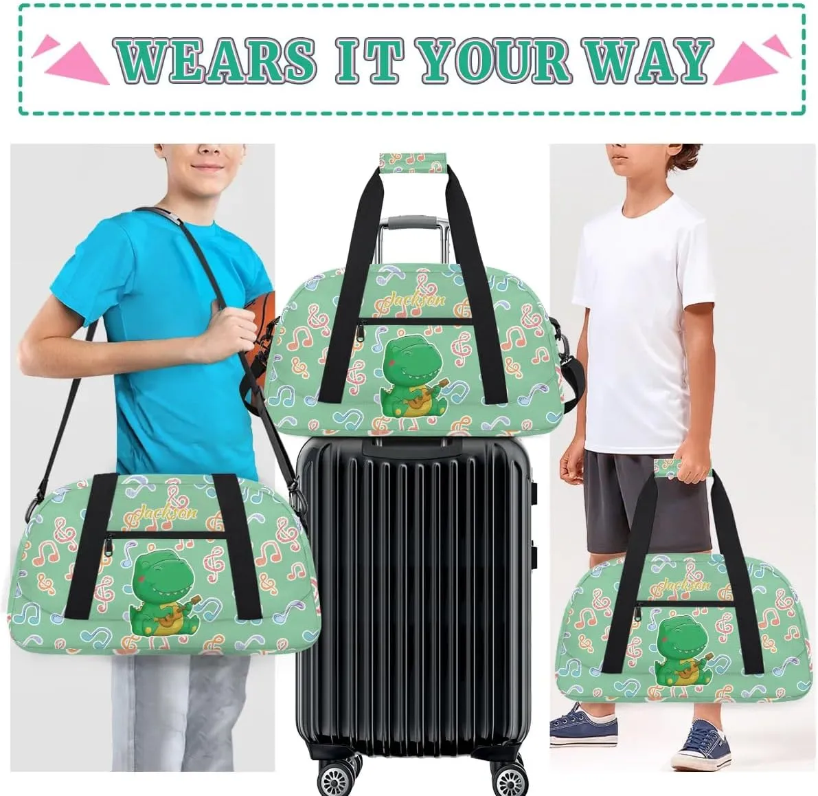 Personalized Duffel Bag for Kids Girls Boys, Dinosaur Guitar Custom Name Gym Bag Overnight with Padded Handles Carry On Weekend Sports Travel Bag for School Practice Gymnastics Ballet
