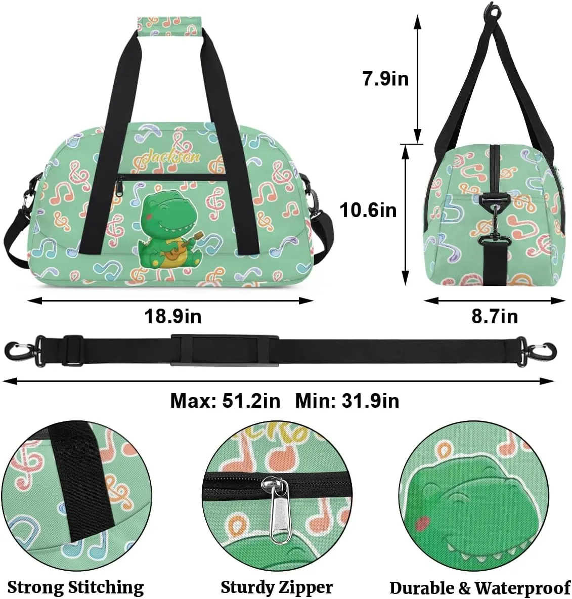 Personalized Duffel Bag for Kids Girls Boys, Dinosaur Guitar Custom Name Gym Bag Overnight with Padded Handles Carry On Weekend Sports Travel Bag for School Practice Gymnastics Ballet