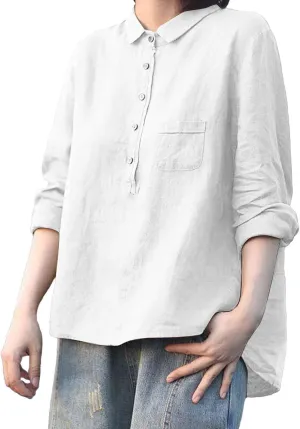 Peter Pan Collar Shirt Women Long Sleeve Casual Quarter-Button Cotton Linen Henley Tops Spring Summer 2025 Tops