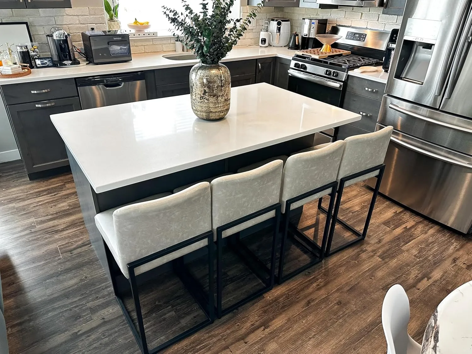 PHI VILLA Light Grey Bar Stools Set of 4, Counter Height Bar Stool Faux Leather Kitchen Bar Chairs, 24 inch Barstools with Back