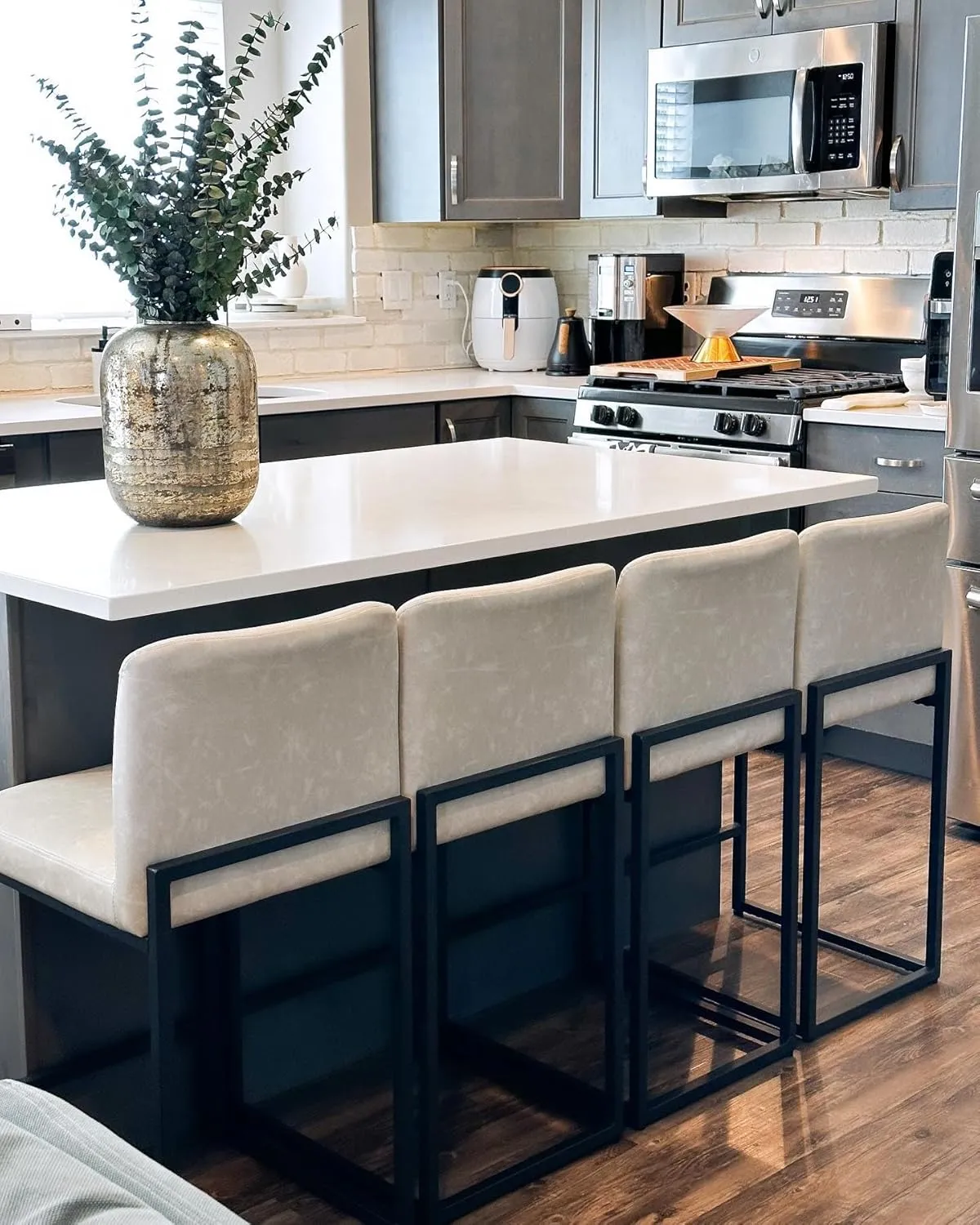 PHI VILLA Light Grey Bar Stools Set of 4, Counter Height Bar Stool Faux Leather Kitchen Bar Chairs, 24 inch Barstools with Back