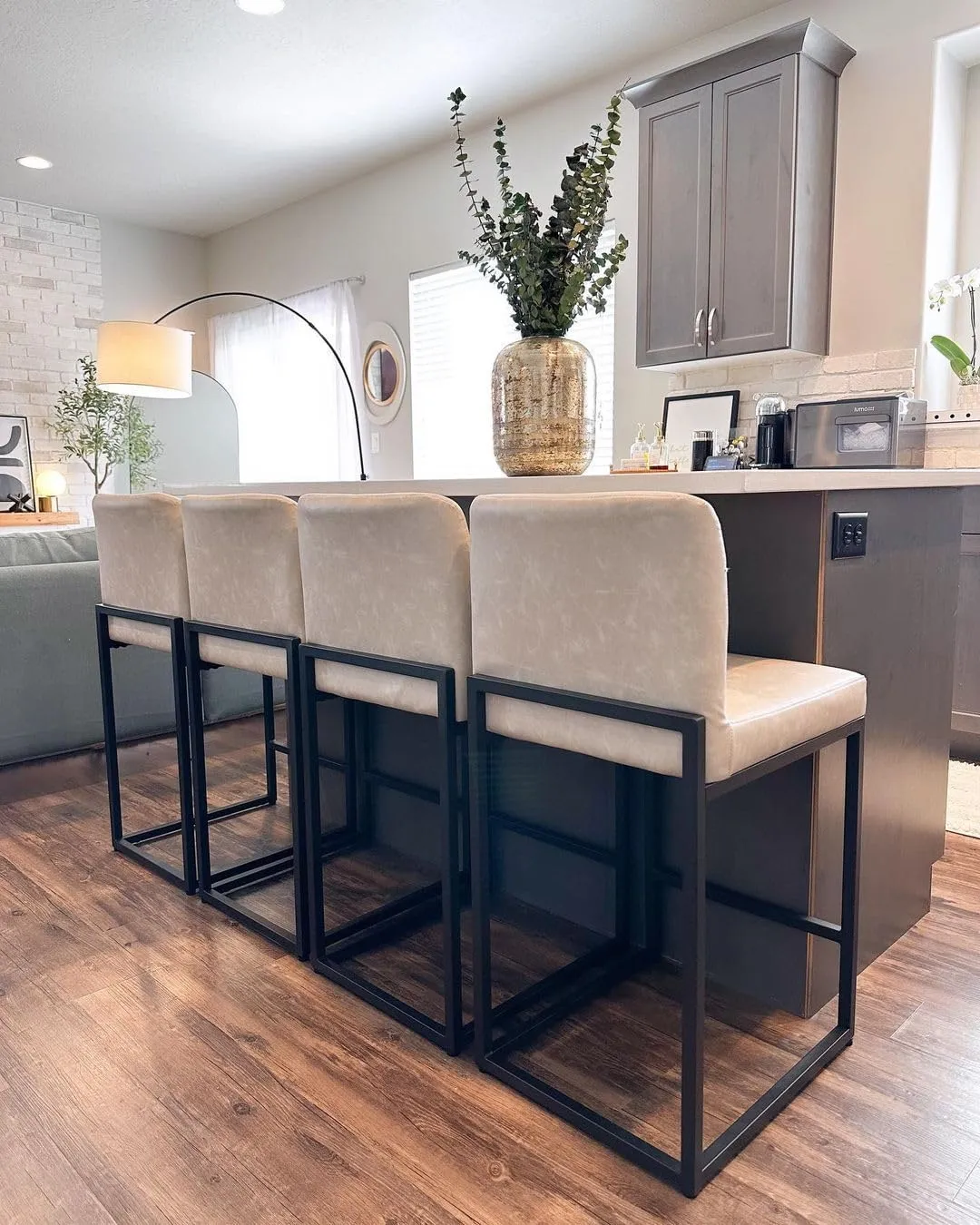 PHI VILLA Light Grey Bar Stools Set of 4, Counter Height Bar Stool Faux Leather Kitchen Bar Chairs, 24 inch Barstools with Back