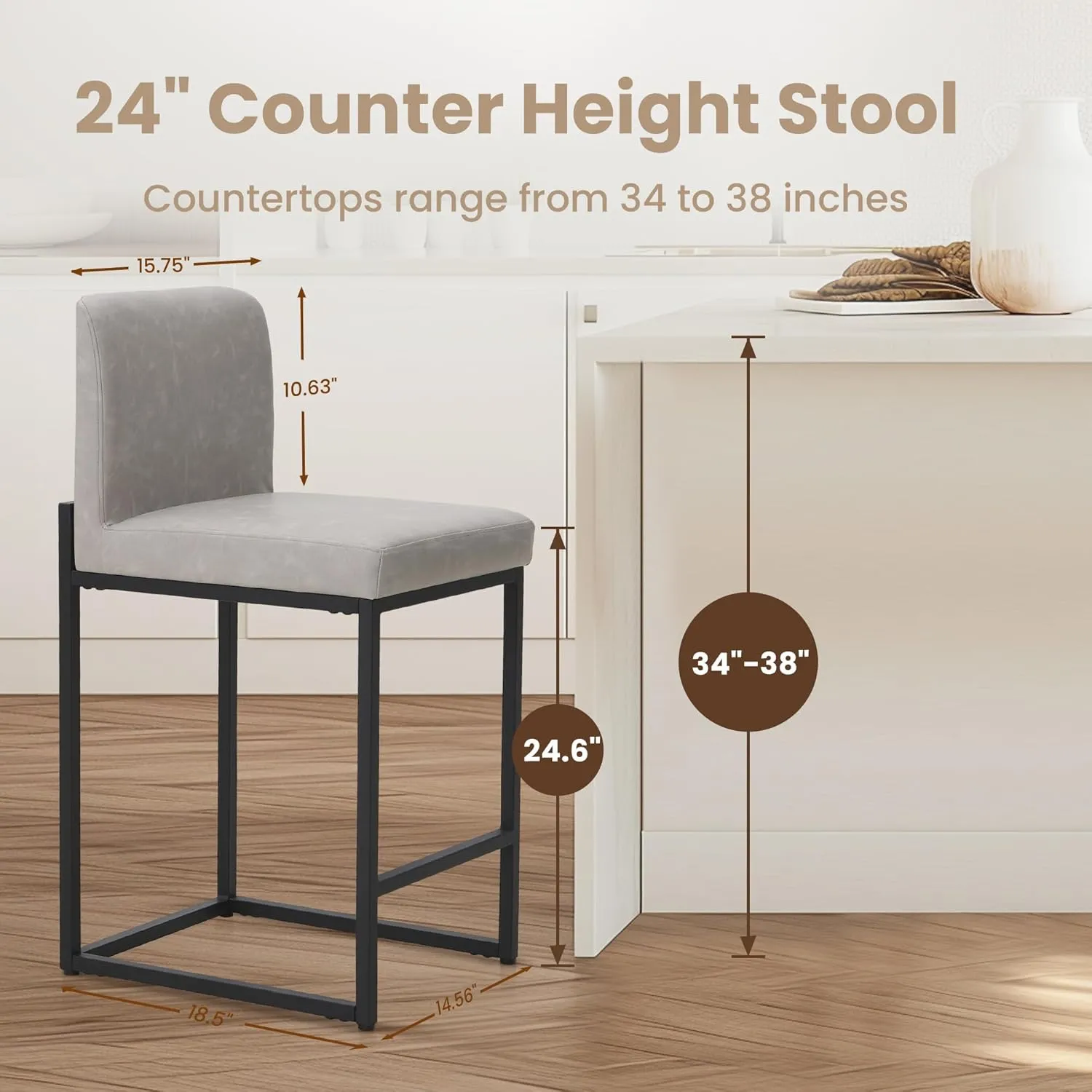 PHI VILLA Light Grey Bar Stools Set of 4, Counter Height Bar Stool Faux Leather Kitchen Bar Chairs, 24 inch Barstools with Back