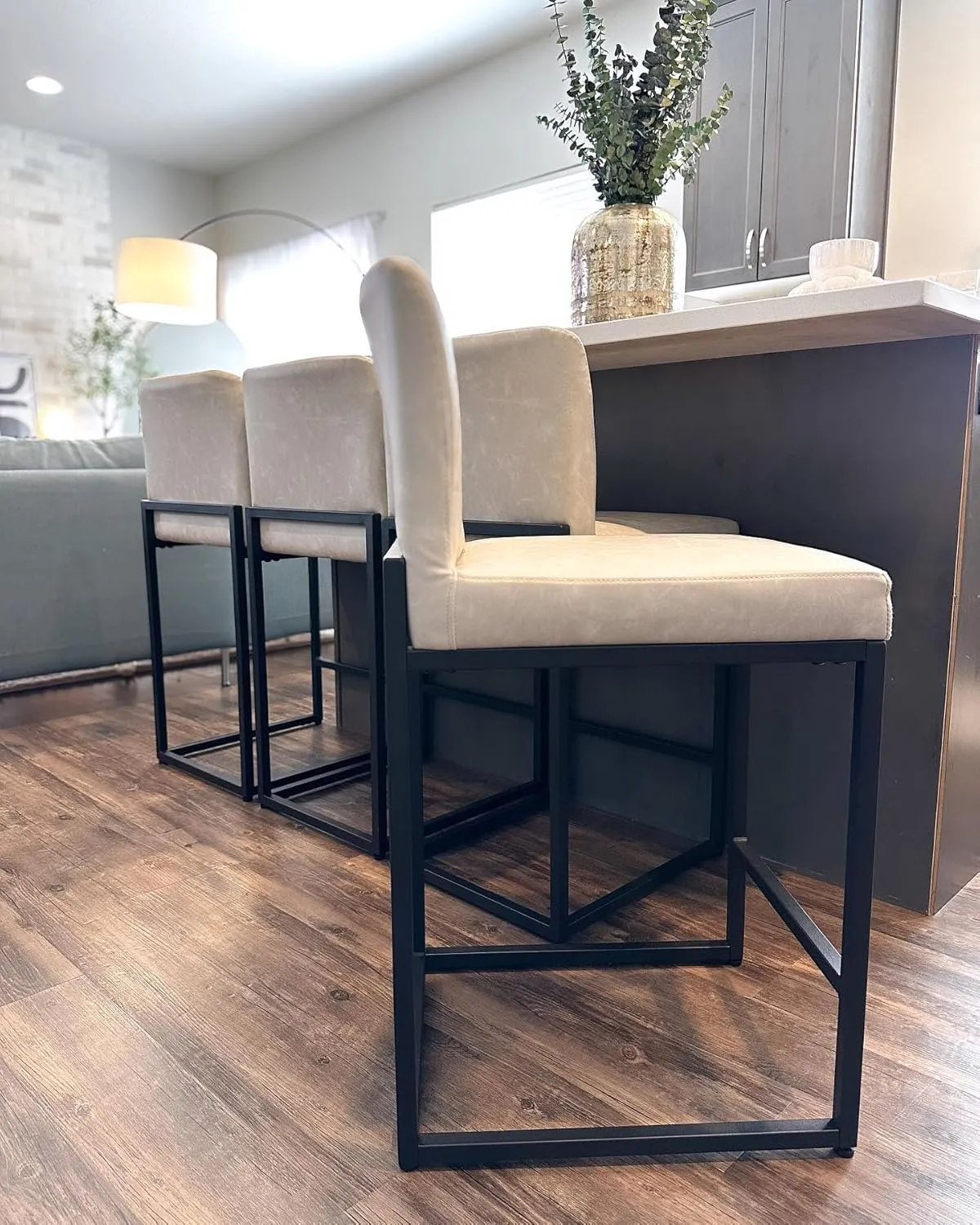 PHI VILLA Light Grey Bar Stools Set of 4, Counter Height Bar Stool Faux Leather Kitchen Bar Chairs, 24 inch Barstools with Back