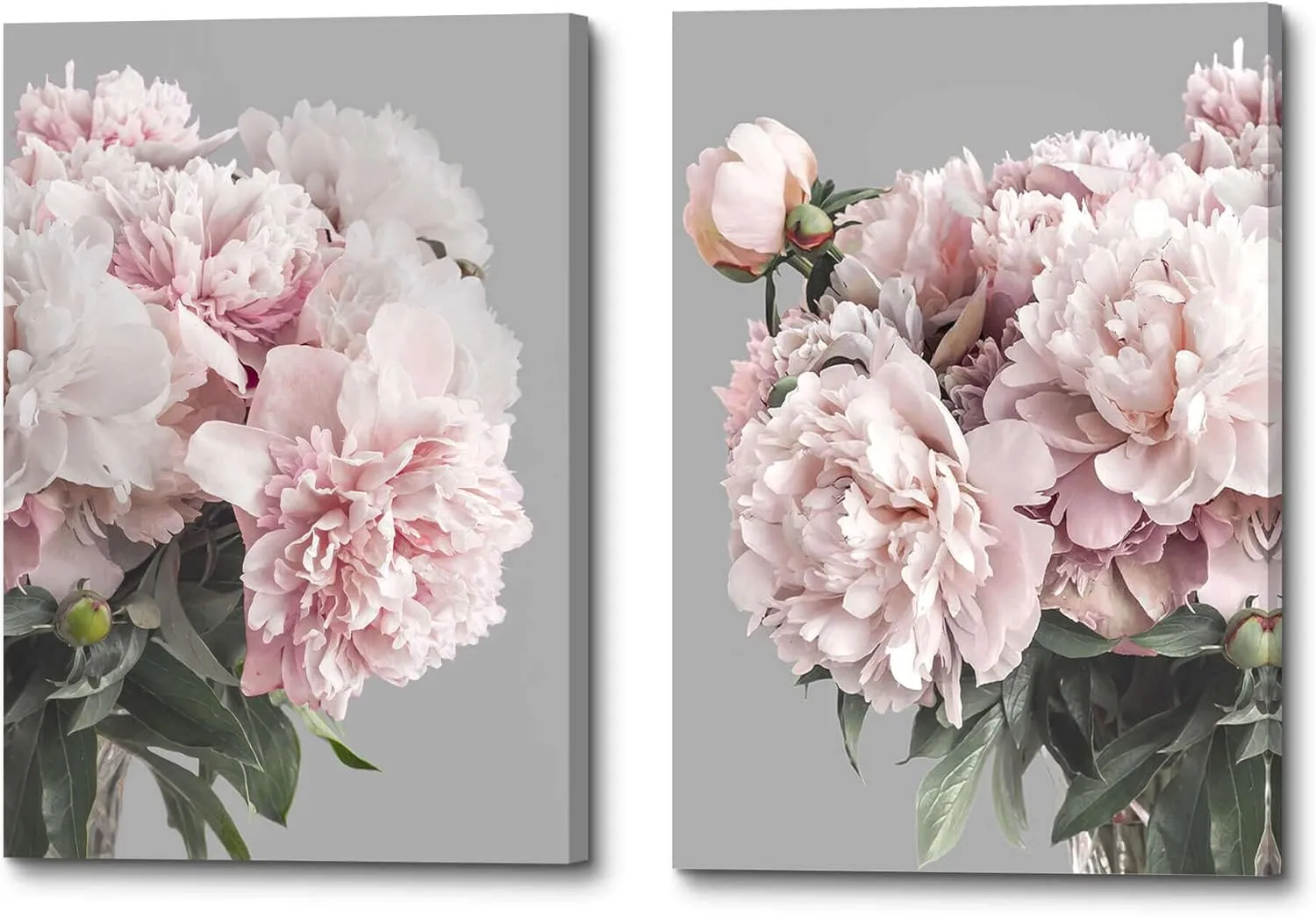 Pink Flower Canvas Wall Art: Bedroom Blush Peony Artwork Elegant Blossom Floral Paintings Modern Botanical Photography Gallery Paintings Prints on Gray Wrapped Canvas for Living Room Office