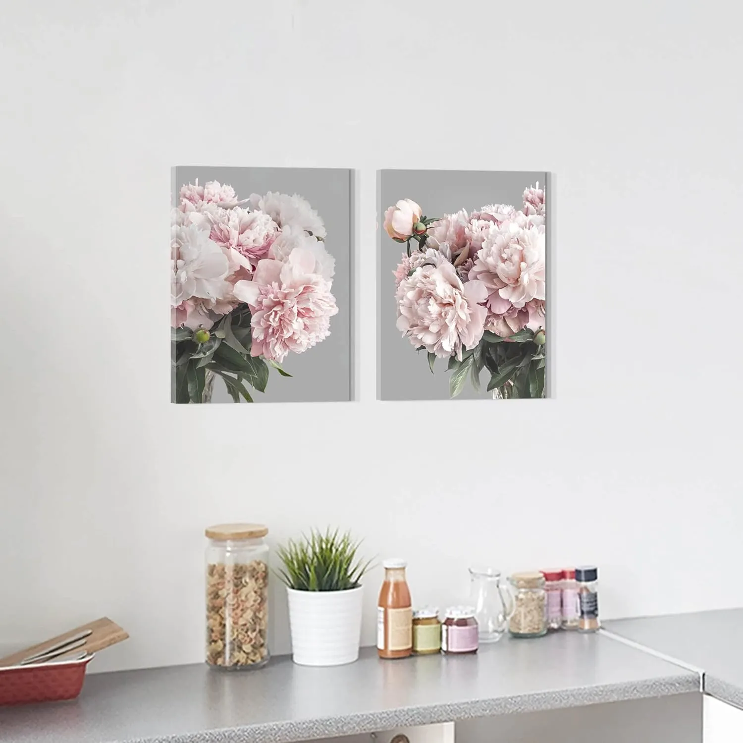 Pink Flower Canvas Wall Art: Bedroom Blush Peony Artwork Elegant Blossom Floral Paintings Modern Botanical Photography Gallery Paintings Prints on Gray Wrapped Canvas for Living Room Office