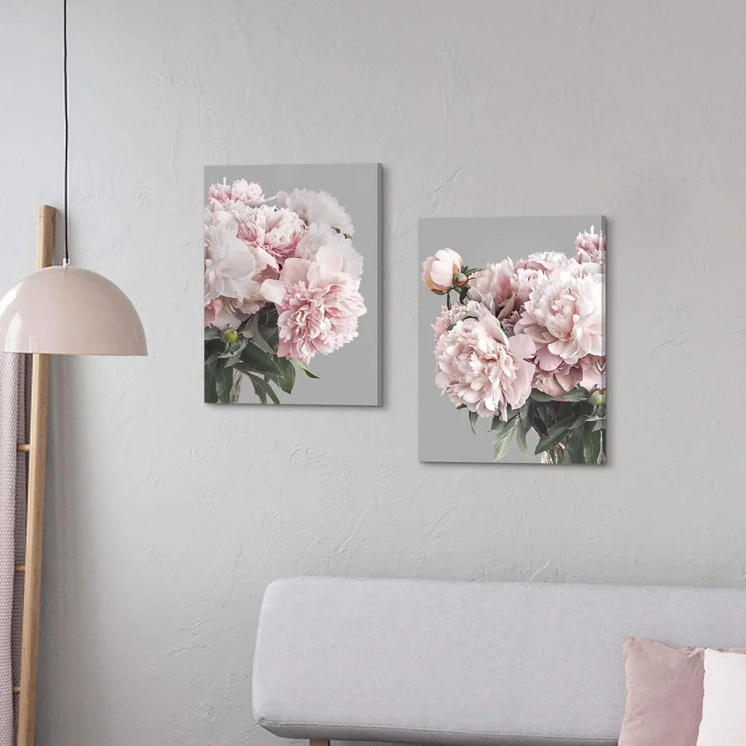 Pink Flower Canvas Wall Art: Bedroom Blush Peony Artwork Elegant Blossom Floral Paintings Modern Botanical Photography Gallery Paintings Prints on Gray Wrapped Canvas for Living Room Office
