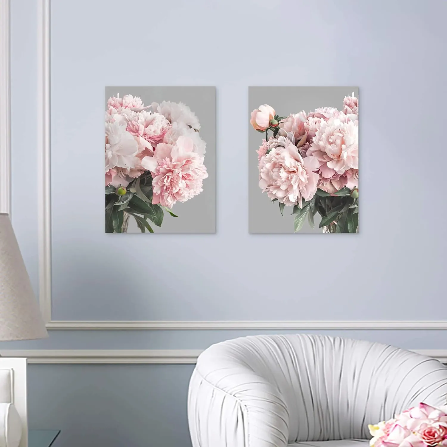 Pink Flower Canvas Wall Art: Bedroom Blush Peony Artwork Elegant Blossom Floral Paintings Modern Botanical Photography Gallery Paintings Prints on Gray Wrapped Canvas for Living Room Office