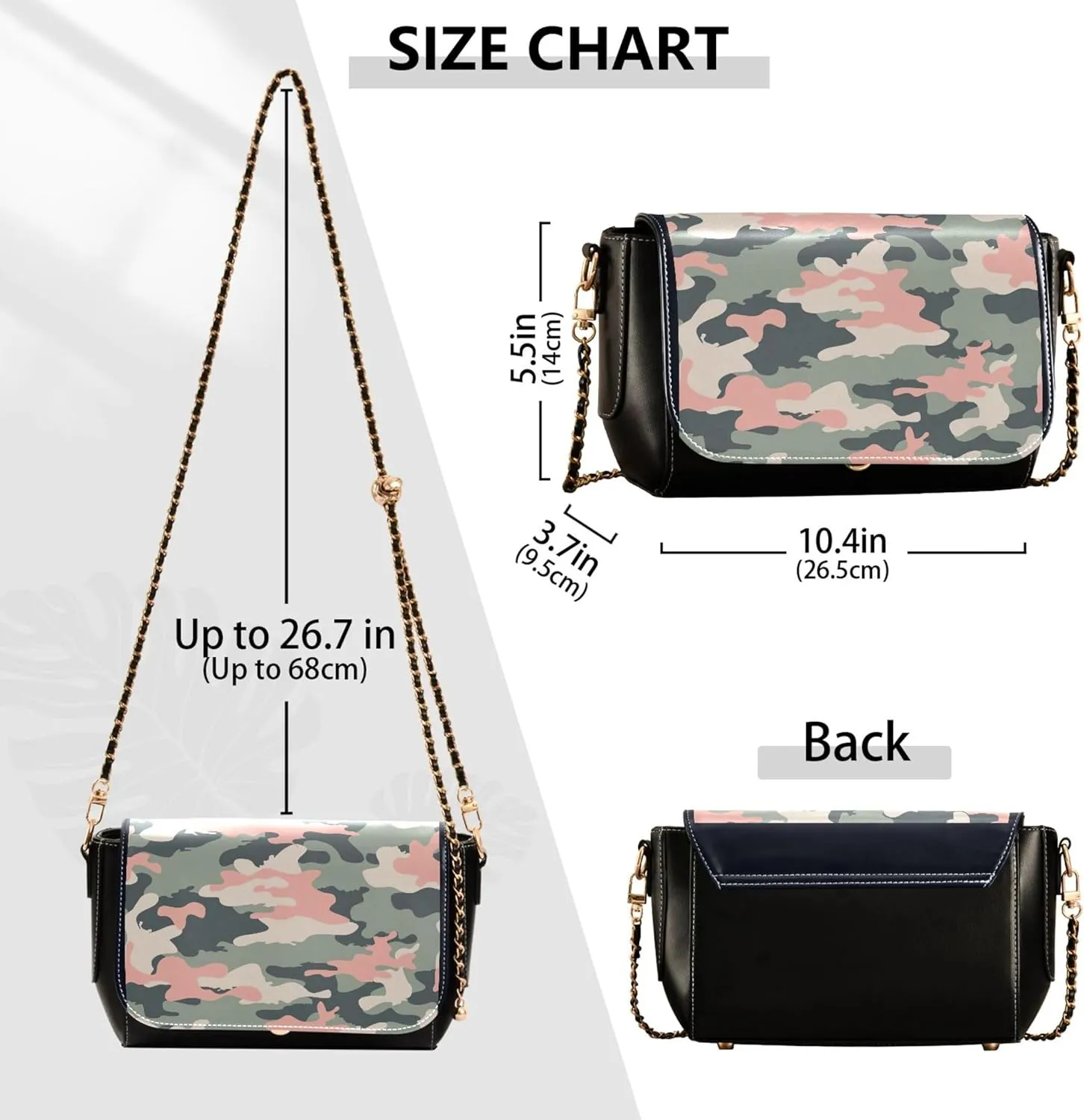 Pink Flowers PU Leather Shoulder Bag Black Women Crossbody Bag Purses Clutch Handbags with Chain Strap