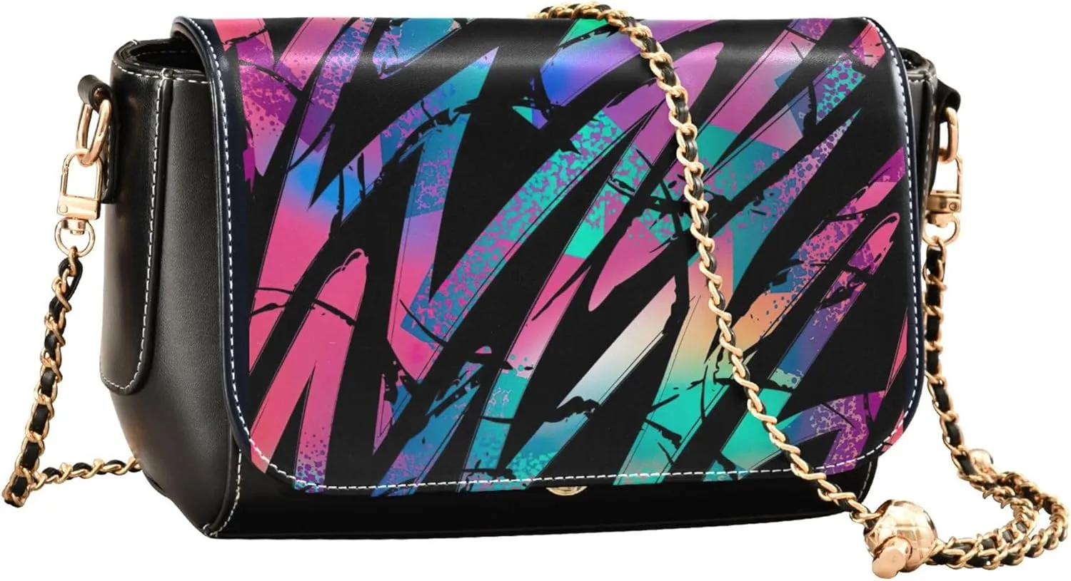 Pink Flowers PU Leather Shoulder Bag Black Women Crossbody Bag Purses Clutch Handbags with Chain Strap
