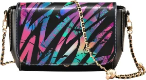 Pink Flowers PU Leather Shoulder Bag Black Women Crossbody Bag Purses Clutch Handbags with Chain Strap