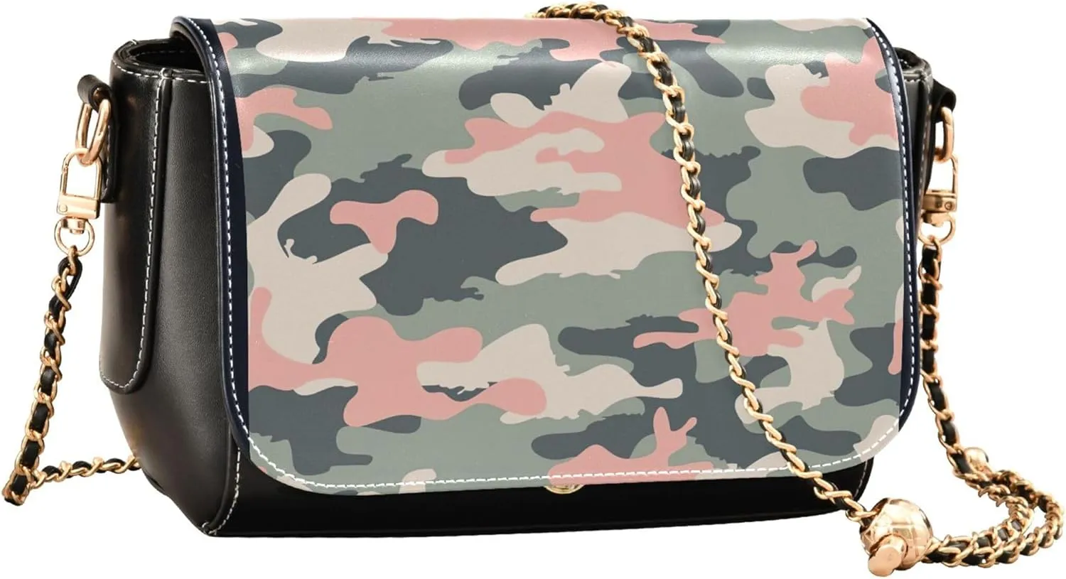 Pink Flowers PU Leather Shoulder Bag Black Women Crossbody Bag Purses Clutch Handbags with Chain Strap