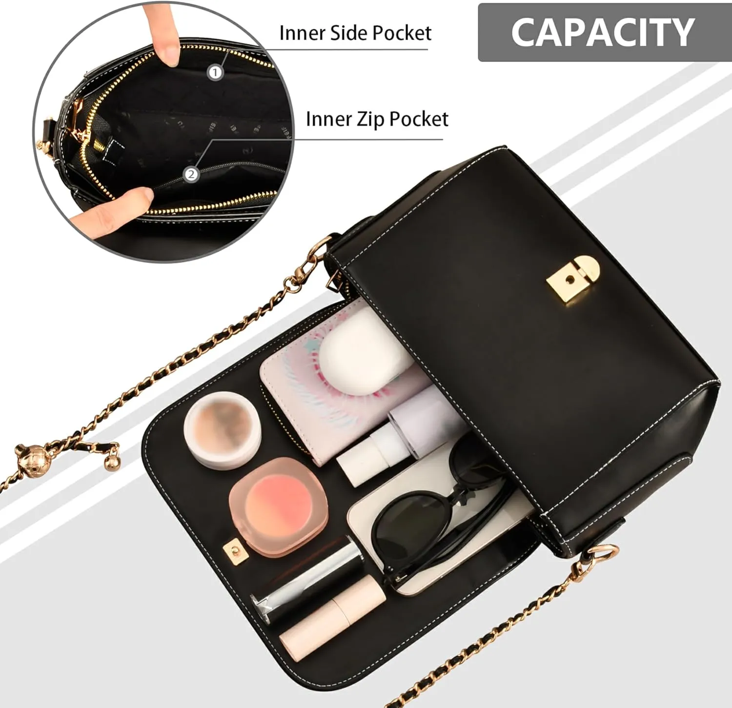Pink Flowers PU Leather Shoulder Bag Black Women Crossbody Bag Purses Clutch Handbags with Chain Strap
