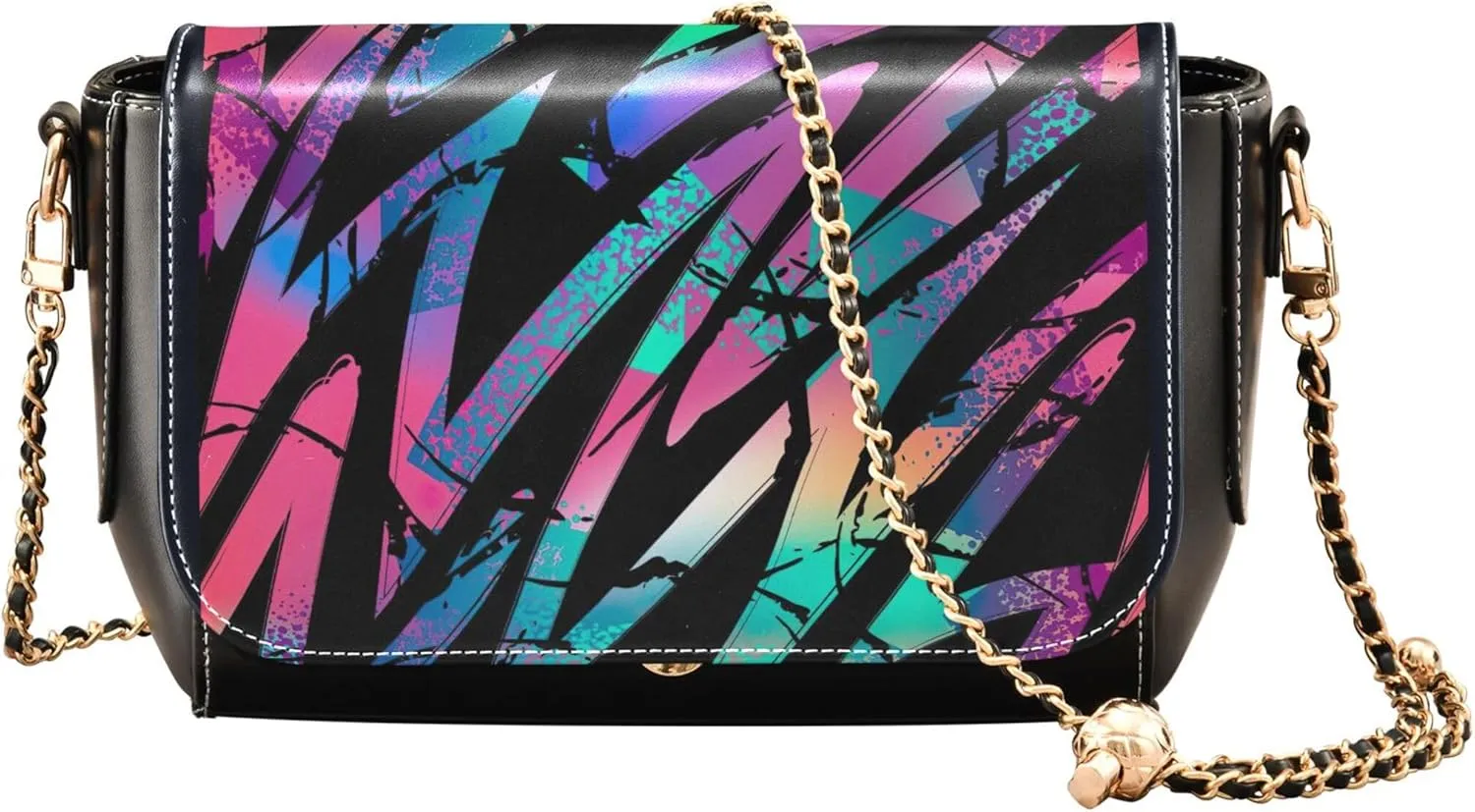 Pink Flowers PU Leather Shoulder Bag Black Women Crossbody Bag Purses Clutch Handbags with Chain Strap