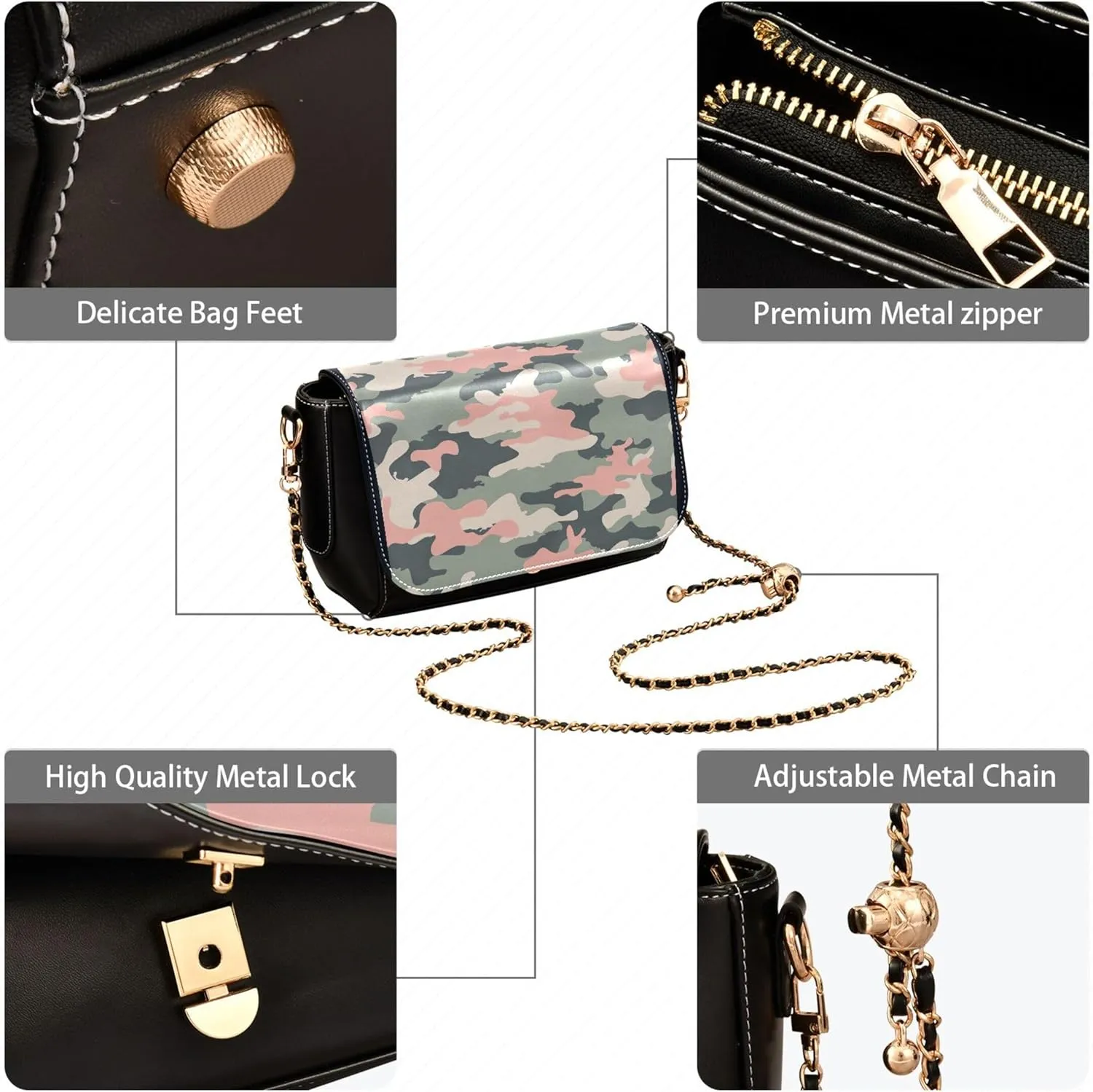 Pink Flowers PU Leather Shoulder Bag Black Women Crossbody Bag Purses Clutch Handbags with Chain Strap