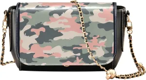 Pink Flowers PU Leather Shoulder Bag Black Women Crossbody Bag Purses Clutch Handbags with Chain Strap
