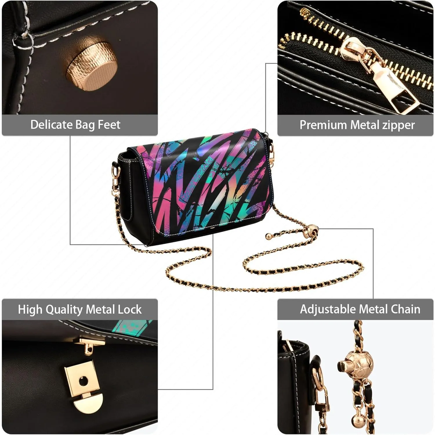 Pink Flowers PU Leather Shoulder Bag Black Women Crossbody Bag Purses Clutch Handbags with Chain Strap
