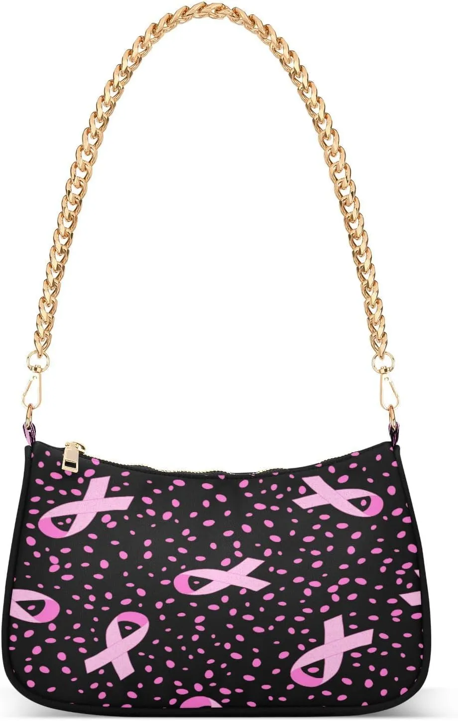 Pink Ribbon Day Flowers Petal Womens Shoulder Bag for Women Girls Hobo Tote Handbag Gold Chain Crossbody Bag with Zipper Clutch Purse Handbags