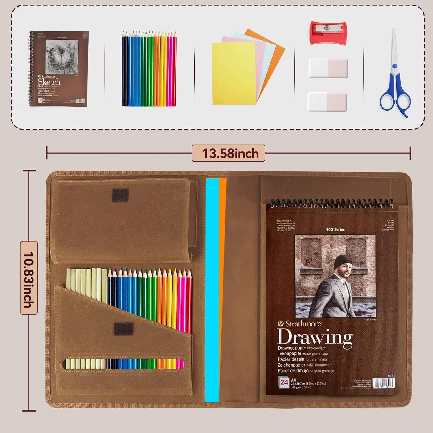Plinyvel Sketchbook Cover for Travel with Pencil Holder - Waxed Canvas Organizer Compatible with 9x12 Sketch Book & 8.5x11 Spiral Pad | Art Supply Storage for Drawing Pens, Pencils (Brown)