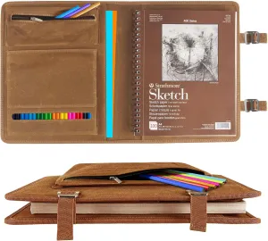 Plinyvel Sketchbook Cover for Travel with Pencil Holder - Waxed Canvas Organizer Compatible with 9x12 Sketch Book & 8.5x11 Spiral Pad | Art Supply Storage for Drawing Pens, Pencils (Brown)