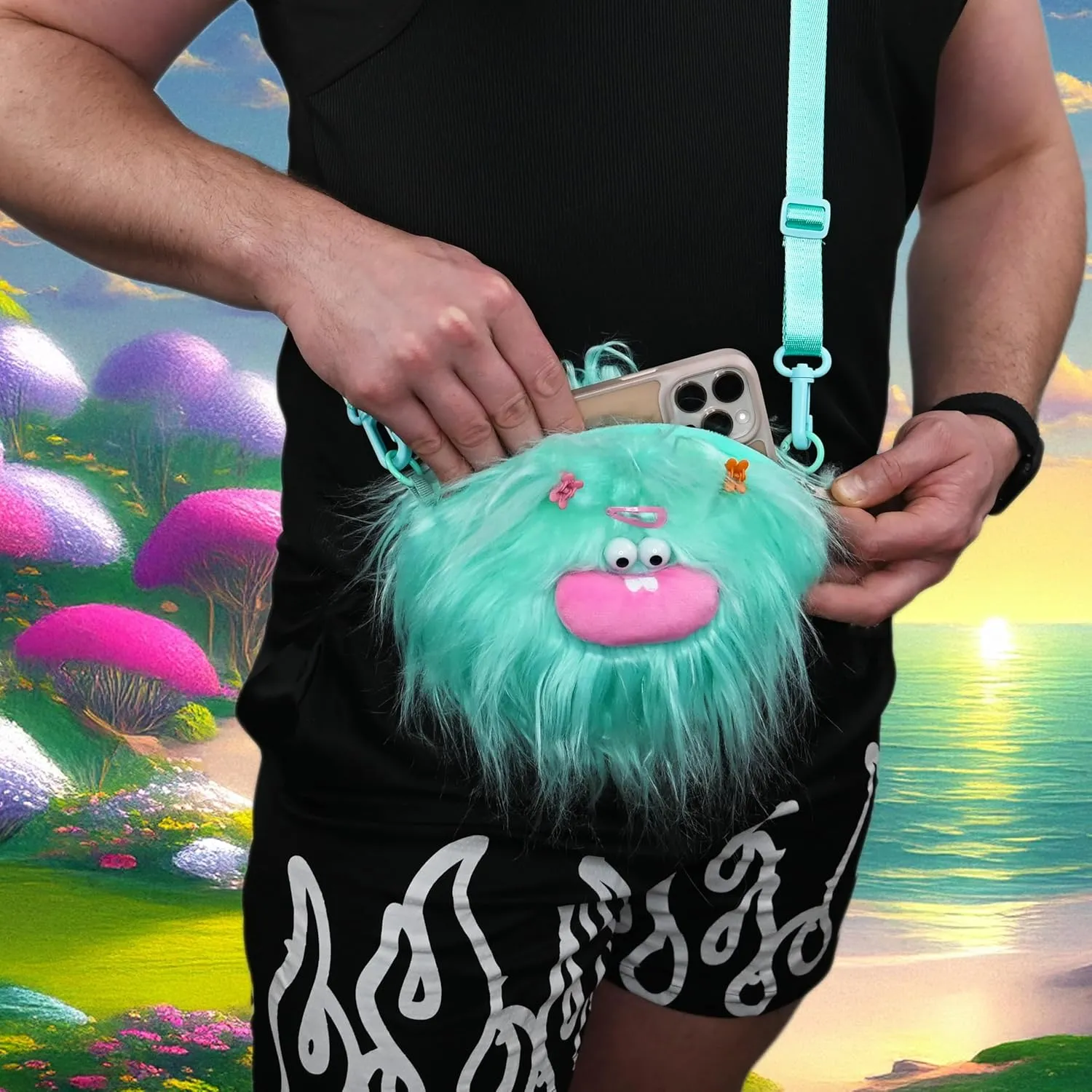 PLURby Rave Bag - Monster Toy Bag - Crossbody Fuzzy Bag - Furry Festival Plush Bag - Kids Shoulder Carry Bag - Mini Backpack