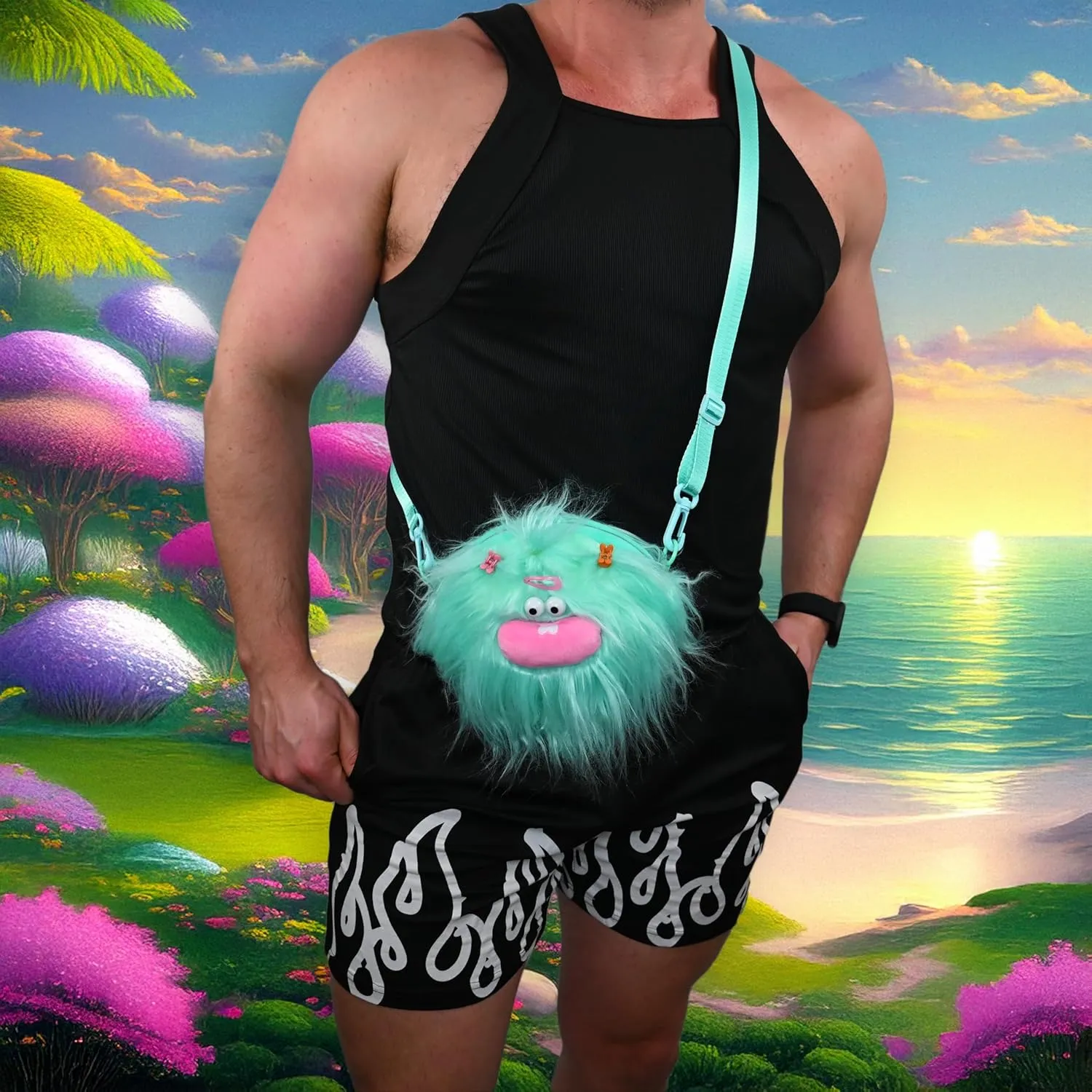 PLURby Rave Bag - Monster Toy Bag - Crossbody Fuzzy Bag - Furry Festival Plush Bag - Kids Shoulder Carry Bag - Mini Backpack