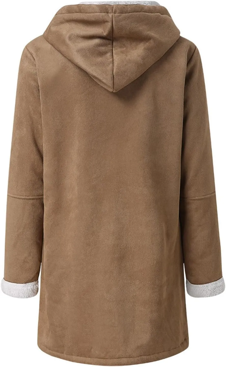 Plus Size Winter Coats for Women 2024 Warm Fleece Lined Jacket Button Sherpa Fur Hooded Parka Suede Peacoat Outerwear