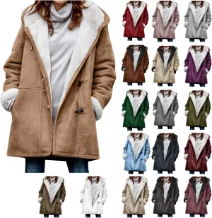 Plus Size Winter Coats for Women 2024 Warm Fleece Lined Jacket Button Sherpa Fur Hooded Parka Suede Peacoat Outerwear