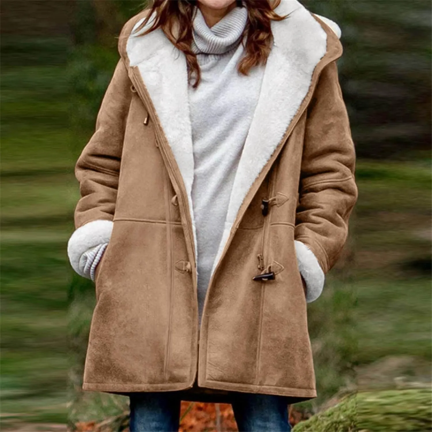 Plus Size Winter Coats for Women 2024 Warm Fleece Lined Jacket Button Sherpa Fur Hooded Parka Suede Peacoat Outerwear