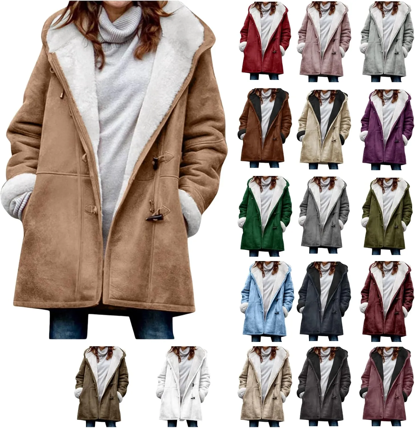 Plus Size Winter Coats for Women 2024 Warm Fleece Lined Jacket Button Sherpa Fur Hooded Parka Suede Peacoat Outerwear