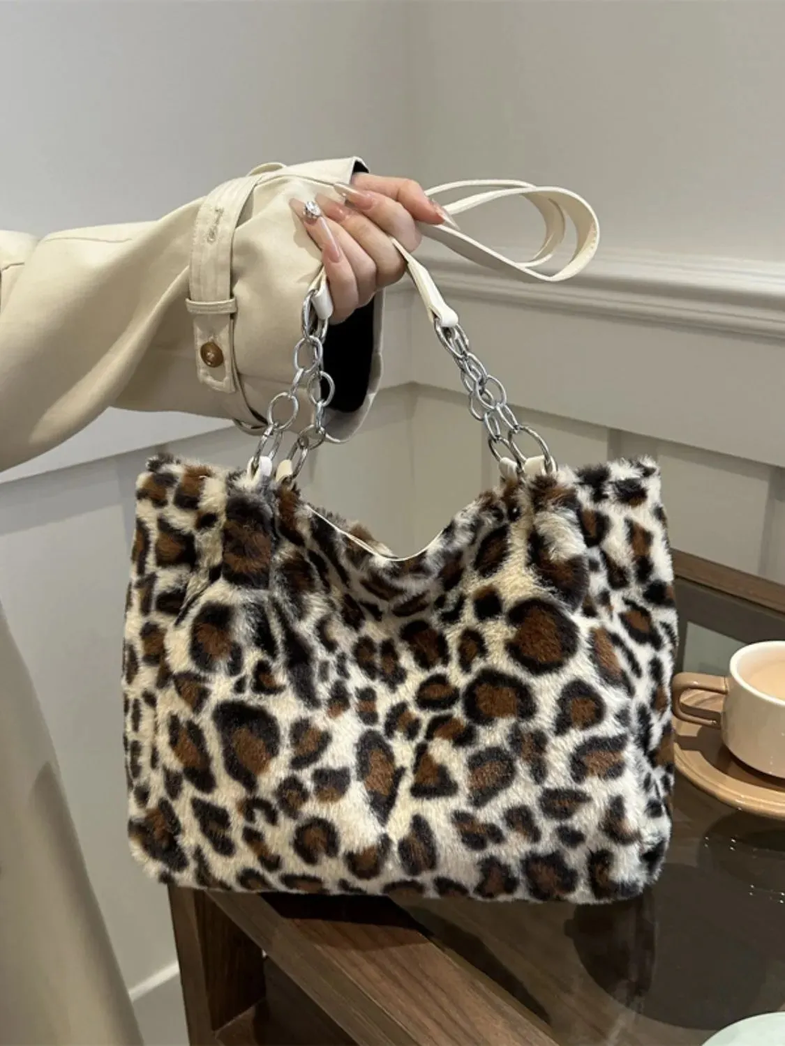Plush Faux Fur Leopard Shoulder Bag