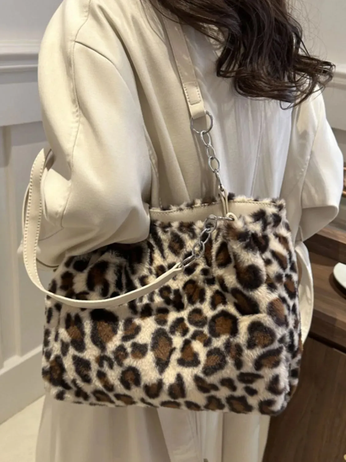 Plush Faux Fur Leopard Shoulder Bag