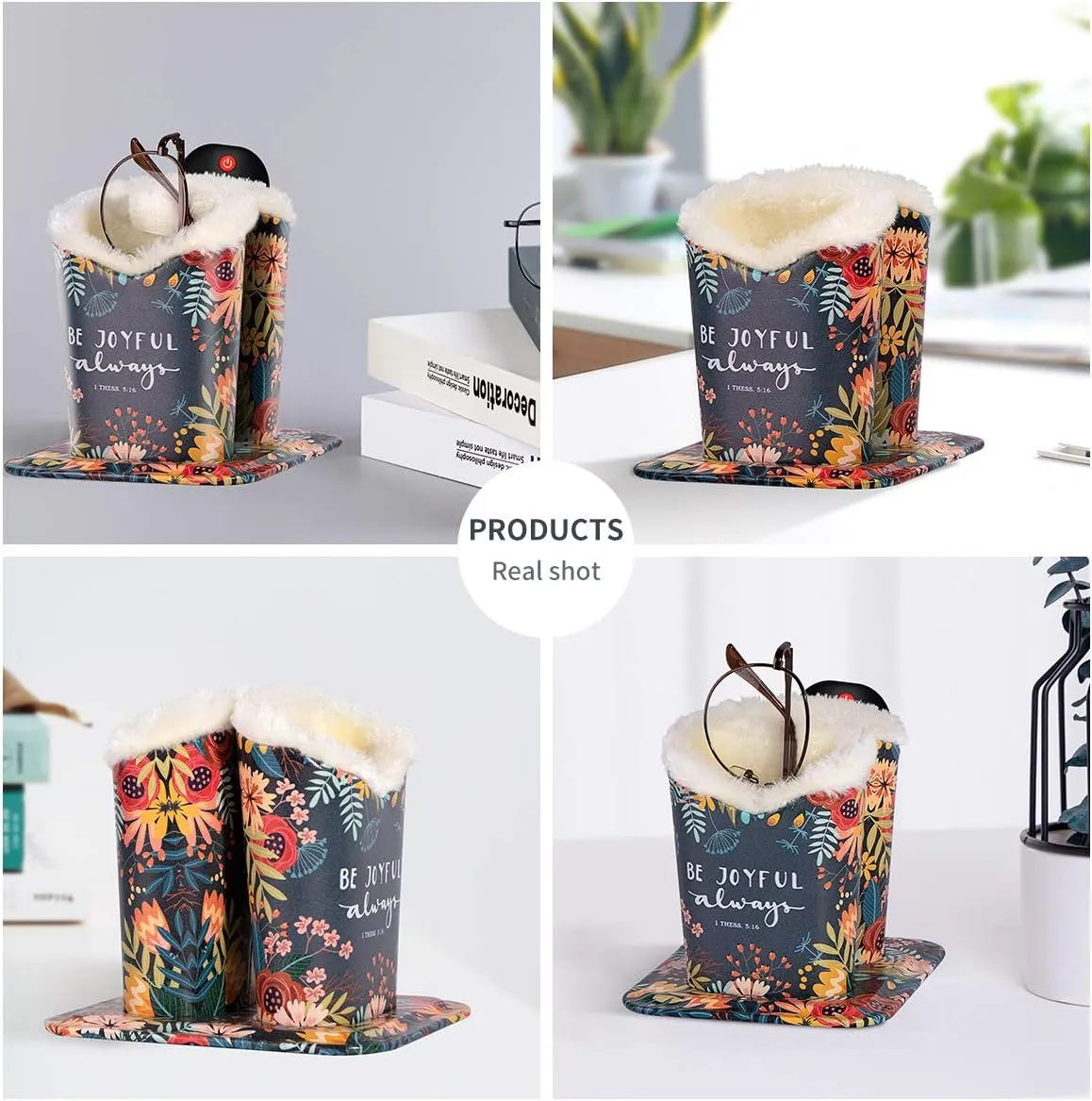 Plush Fluffy Lined Double Eyeglasses Holder Stand Protective Glasses Holder Case Rests Securely on Desk or Nightstand